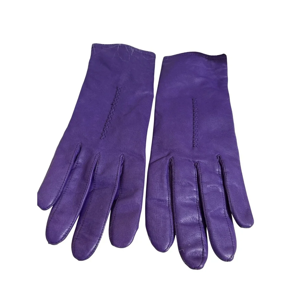 Womens Purple Leather Vintage  Gloves Soft‎ Fleece Lined Dress S